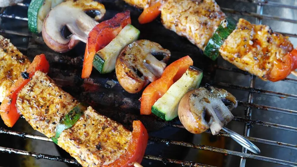 Fire-grilled meat skewers, char-grilled cooking style